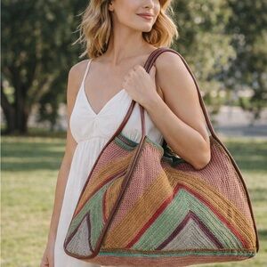 Boho Chevron Knit Oversized Multicolor Woven Shoulder/Festival Market/Beach Tote